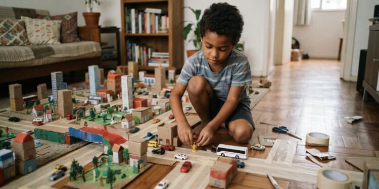 Mãe compra o brinquedo mais caro da loja, observa o filho brincar apenas com a embalagem e transforma a caixa numa cidade que ocupa toda a sala