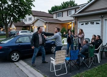 Homem chega em casa e encontra convidados da festa do vizinho sentados em cadeiras colocadas diante de sua garagem; pedido para liberar passagem termina em barraco na rua