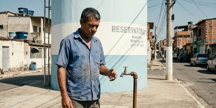 Antônio Ferreira, de 54 anos, mora há mais de uma década em um bairro que enfrenta dificuldades de abastecimento. // Imagem ilustrativa gerada por IA para representar a situação descrita no texto; pessoas, locais e elementos visuais não correspondem necessariamente aos reais