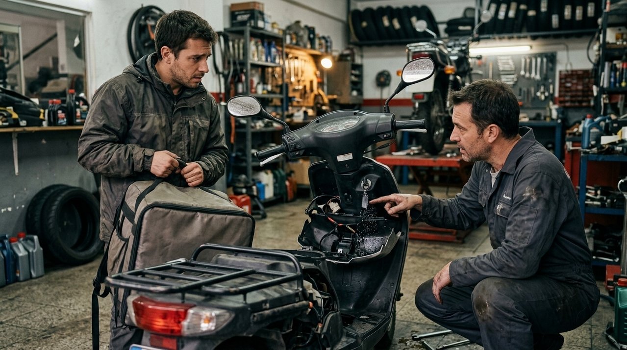 Motoboy compra scooter elétrica de R$ 8 mil para trabalhar e, após passar por rua alagada, veículo para de funcionar e garantia vira discussão sobre contato com água