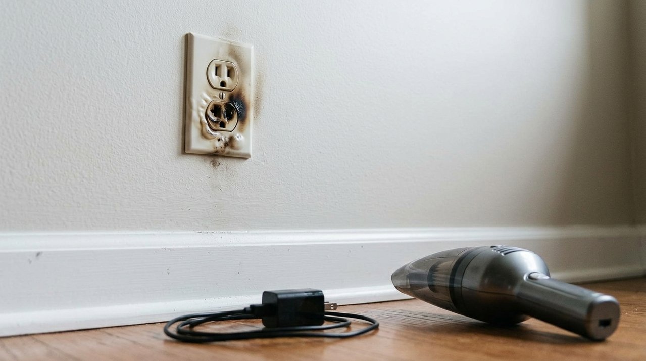 Dona de casa paga R$ 890 em aspirador vertical sem fio, deixa aparelho carregando durante a noite e encontra a tomada derretida pela manhã; assistência técnica atribui o problema à instalação elétrica da residência e recusa substituição