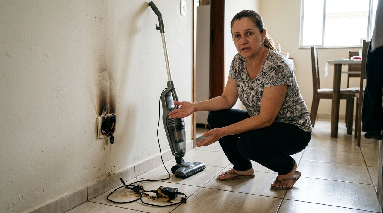 Dona de casa paga R$ 890 em aspirador vertical sem fio, deixa aparelho carregando durante a noite e encontra a tomada derretida pela manhã; assistência técnica atribui o problema à instalação elétrica da residência e recusa substituição