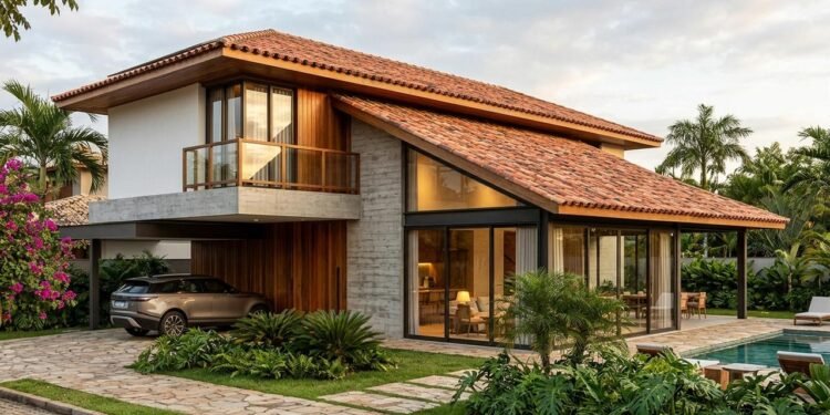 Esse tipo de cobertura pode aparecer tanto em casas com telhado inclinado tradicional quanto em projetos de linhas mais retas.