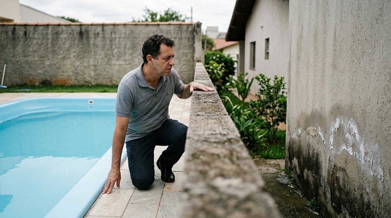 Família constrói piscina próxima ao limite do terreno e, depois de alguns meses, vizinho começa a notar umidade constante no muro e queda no nível da própria piscina
