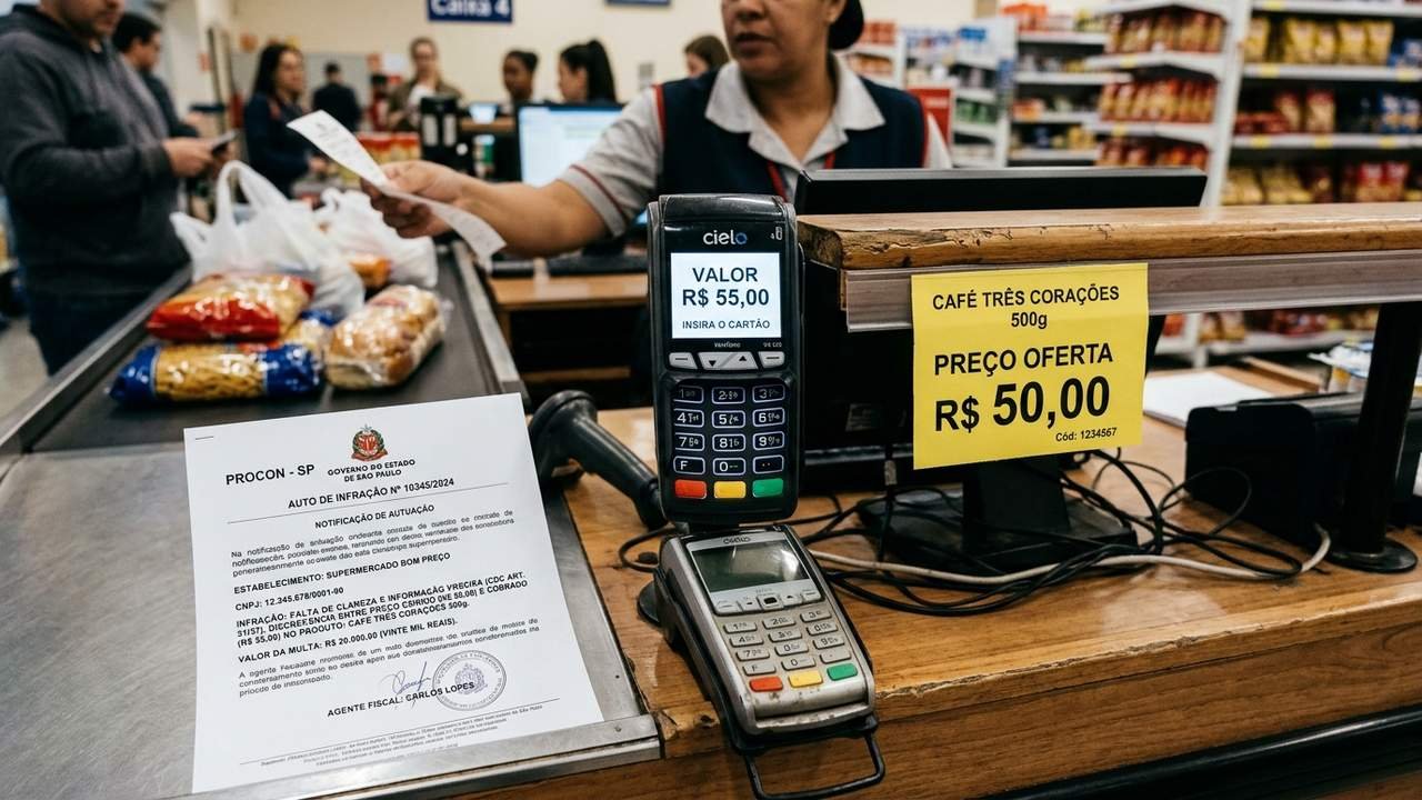 Supermercado cobra valor mais alto no cartão de débito sem aviso visível e Procon aplica multa de R$ 20 mil por falta de clareza no preço