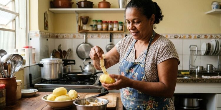 Deixar as batatas em água fria antes da preparação ajuda principalmente na remoção da terra e de resíduos presos à superfície.