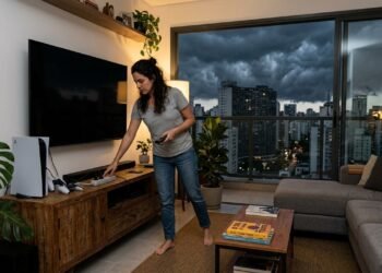 micro-ondas na tomada durante tempestade