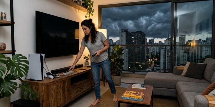 micro-ondas na tomada durante tempestade