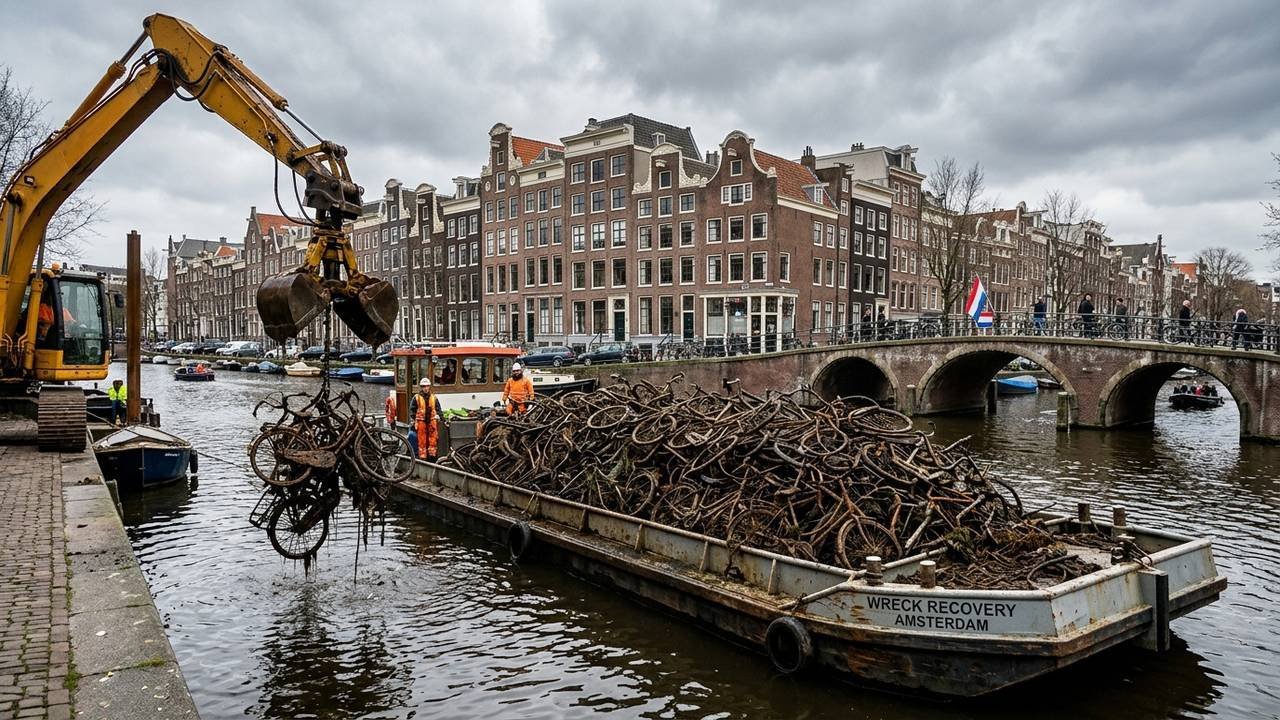 A rotina incomum dos canais de Amsterdã: como barcos com garras hidráulicas pescam até 15 mil bicicletas jogadas na água todo ano