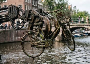 A rotina incomum dos canais de Amsterdã: como barcos com garras hidráulicas pescam até 15 mil bicicletas jogadas na água todo ano