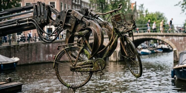 A rotina incomum dos canais de Amsterdã: como barcos com garras hidráulicas pescam até 15 mil bicicletas jogadas na água todo ano