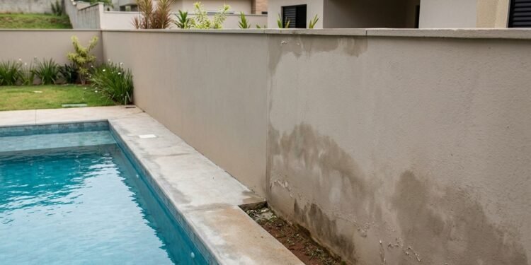 Família constrói piscina próxima ao limite do terreno e, depois de alguns meses, vizinho começa a notar umidade constante no muro e queda no nível da própria piscina