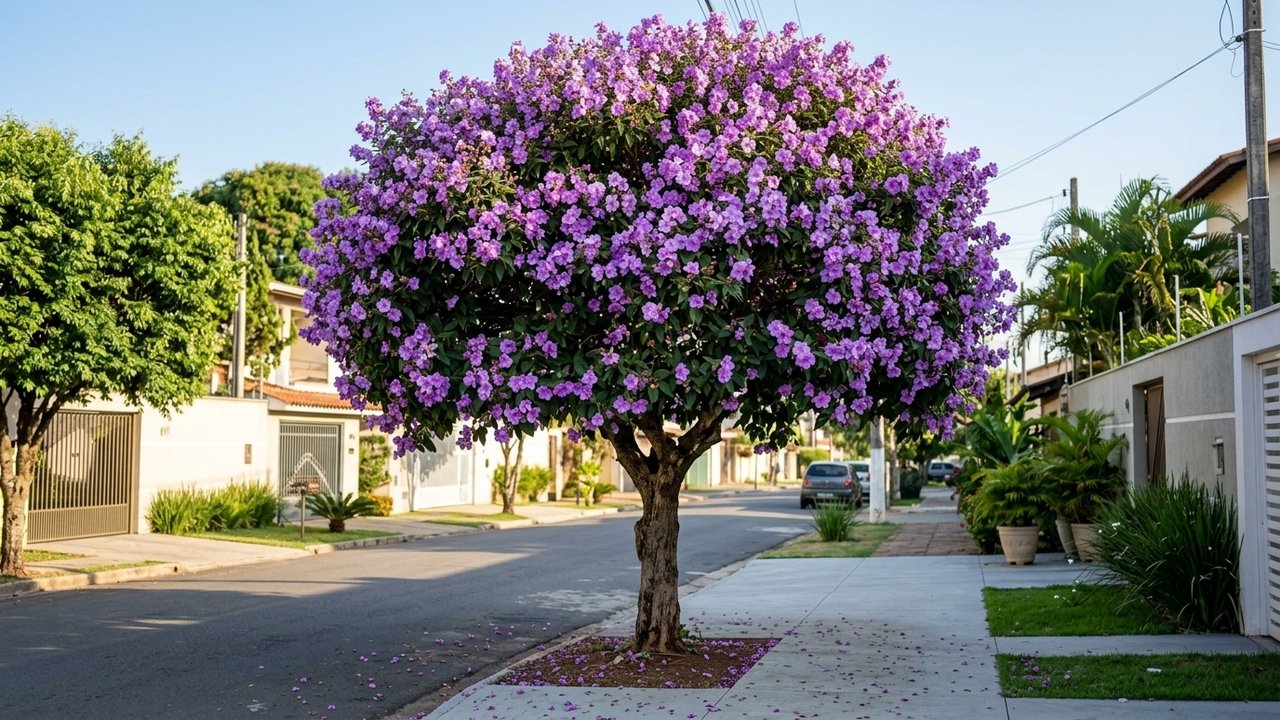 Flores roxas e calçada intacta são possíveis com esta árvore
