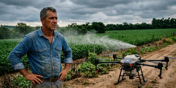 A pulverização agrícola por drone não depende apenas de programar uma rota e iniciar o voo. // Imagem ilustrativa gerada por IA para representar a situação descrita no texto; pessoas, locais e elementos visuais não correspondem necessariamente aos reais