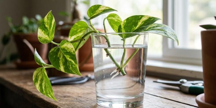 A jiboia, conhecida botanicamente como Epipremnum aureum, pode ser propagada por estacas do caule.