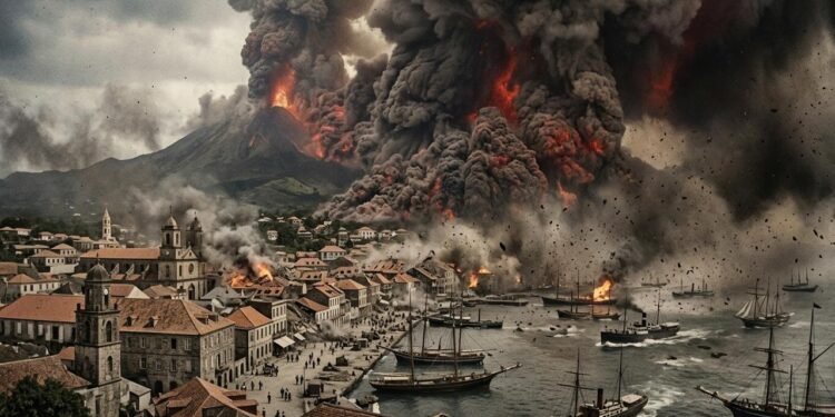 Na manhã de 8 de maio, o Monte Pelée produziu uma poderosa corrente de gases, cinzas e fragmentos vulcânicos extremamente quentes. // Imagem ilustrativa gerada por IA para representar a situação descrita no texto; pessoas, locais e elementos visuais não correspondem necessariamente aos reais