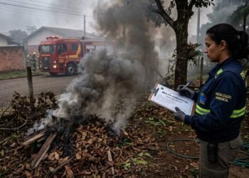 Morador queima folhas secas no quintal espalhando fumaça tóxica no bairro e bombeiros acionam fiscalização com multa ambiental de R$ 3 mil