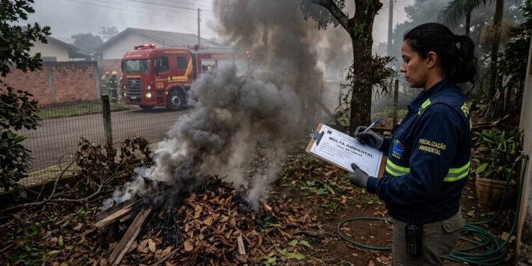 Morador queima folhas secas no quintal espalhando fumaça tóxica no bairro e bombeiros acionam fiscalização com multa ambiental de R$ 3 mil