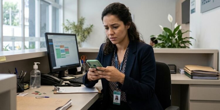Mariana trabalhava na recepção de uma clínica e utilizava seu próprio celular para confirmar horários, responder mensagens e organizar agendamentos.  // Imagem ilustrativa gerada por IA para representar a situação descrita no texto; pessoas, locais e elementos visuais não correspondem necessariamente aos reais