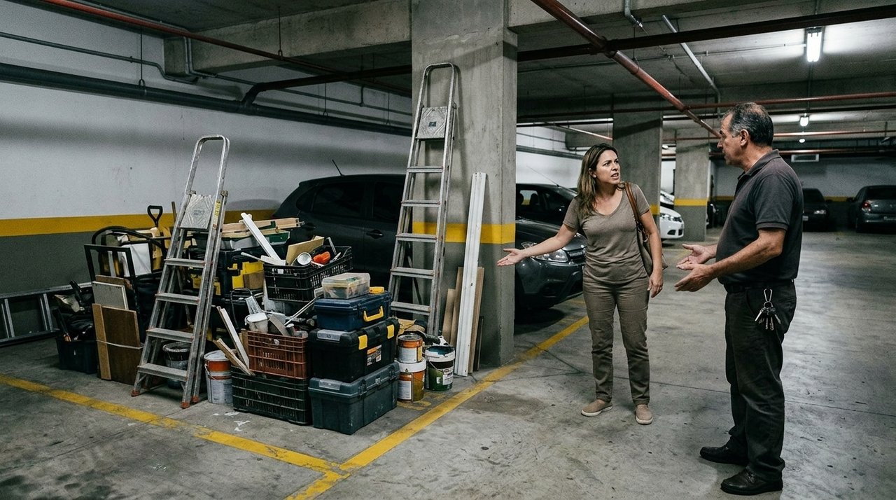 Moradora compra apartamento com vaga de garagem anunciada como privativa e descobre que o espaço é utilizado há anos pelo síndico para guardar equipamentos do condomínio; o conflito chega à assembleia