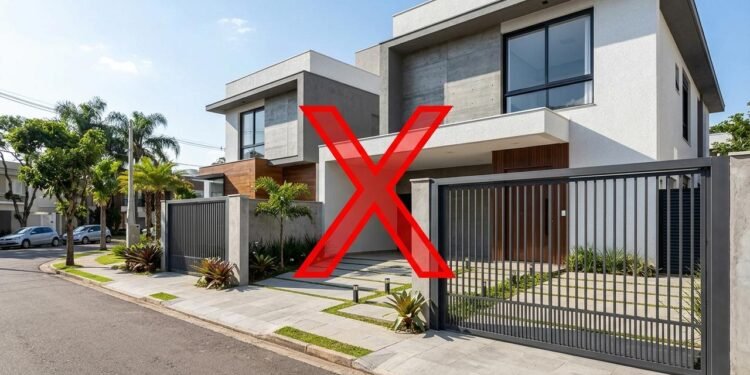 Dessa forma, o portão mantém uma estrutura metálica, mas ganha um aspecto mais quente e residencial