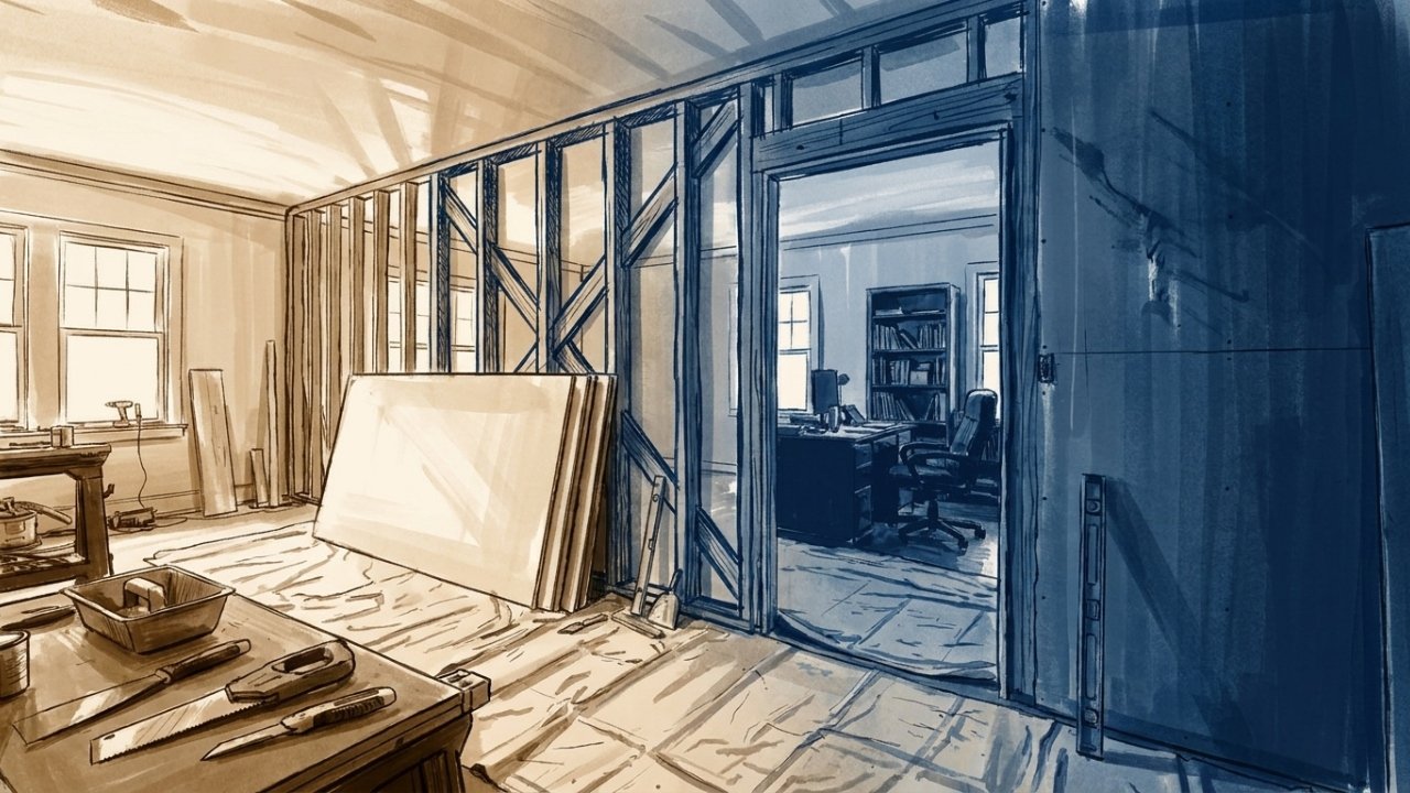 Como uma parede dividiu uma sala em escritório e quarto