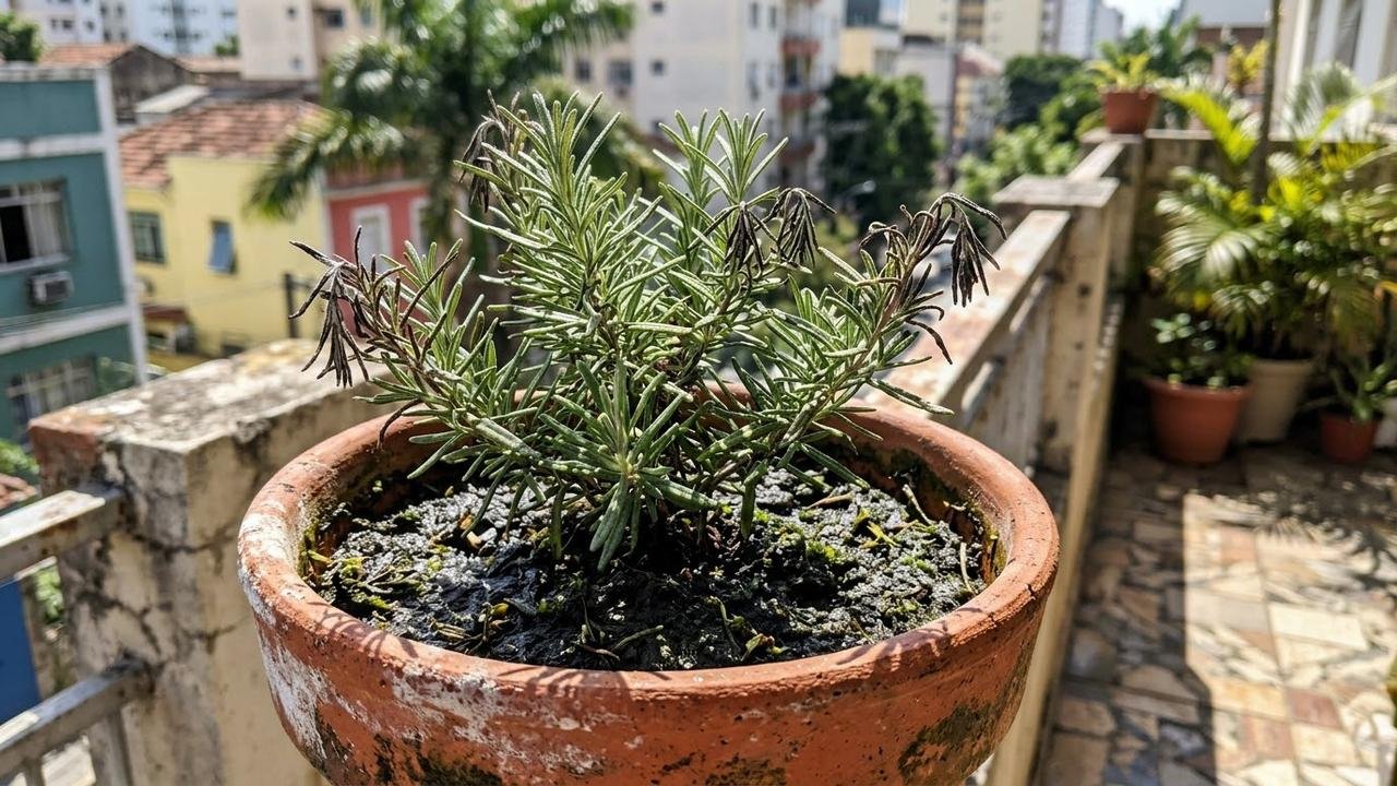 Alecrim cultivado em vaso começa a secar pelas pontas mesmo recebendo sol diariamente; drenagem e frequência de regas podem explicar por que a erva aromática não consegue se desenvolver.