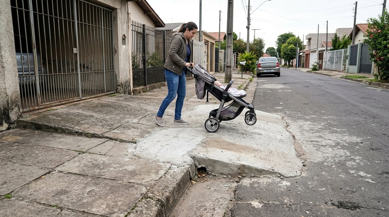 Morador constrói rampa de concreto entre garagem e rua para carro não raspar e recebe reclamação depois que estrutura começa a dificultar passagem pela calçada