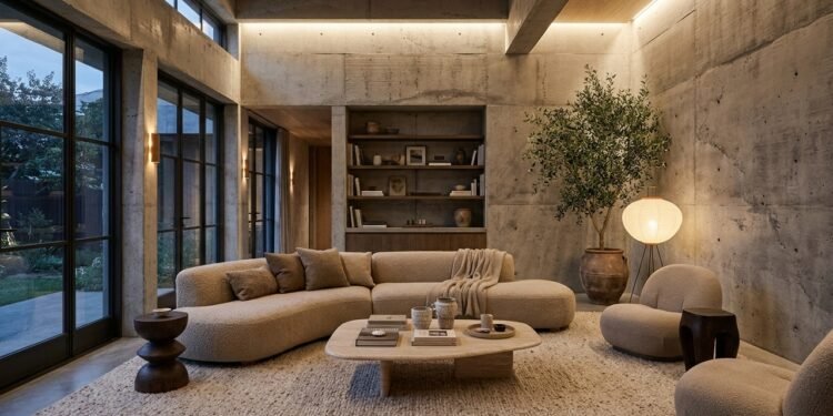 Adeus ambientes engessados: o novo estilo brutalista suave que combina concreto aparente com curvas orgânicas e tecidos macios na decoração
