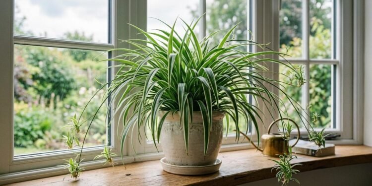 O clorofito, chamado também de planta-aranha, forma uma touceira de folhas compridas e arqueadas.