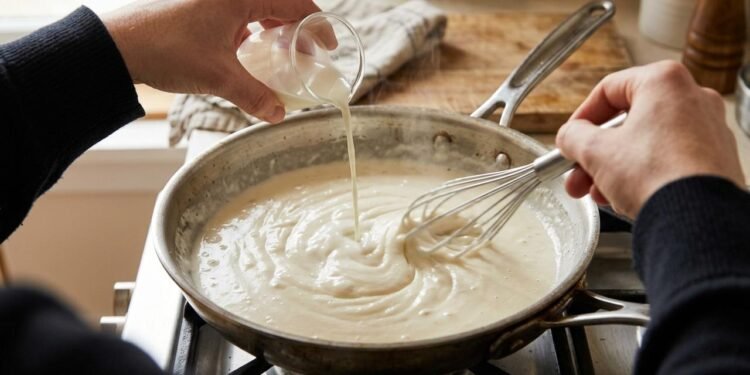 O molho branco, também conhecido como béchamel, é preparado tradicionalmente com manteiga, farinha de trigo e leite.