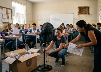 Professora compra ventiladores com o próprio salário para aliviar o calor de 37 graus em uma escola pública e descobre que a prefeitura pagou R$ 680 mil por uma reforma que incluía climatização das salas; pais encontram relatórios indicando a conclusão dos serviços