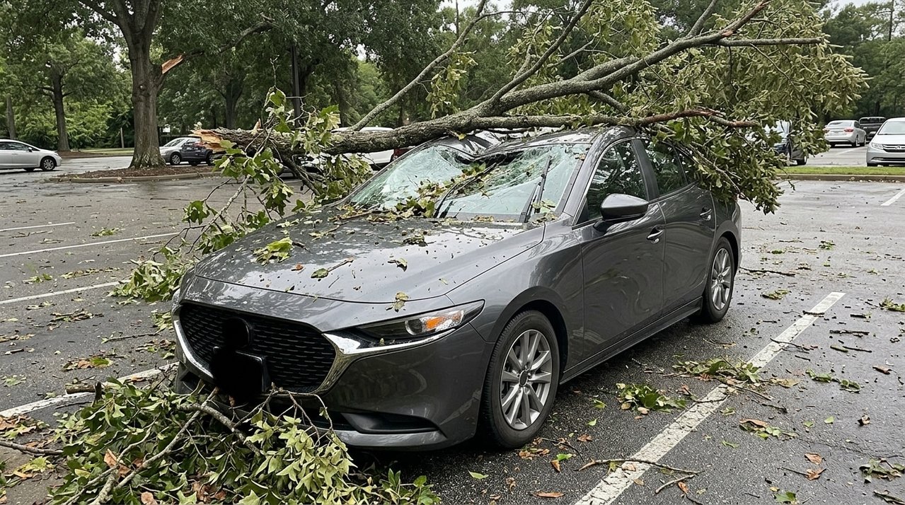 Motorista deixa o carro em estacionamento particular durante uma viagem e, ao retornar, encontra a lataria danificada por uma árvore caída; o estabelecimento afirma que o temporal foi imprevisível e rejeita a cobrança de R$ 12 mil