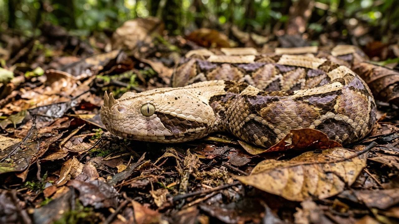 As maiores presas venenosas do reino animal com cinco centímetros e a camuflagem foliar perfeita da perigosa víbora-do-gabão