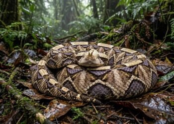 As maiores presas venenosas do reino animal com cinco centímetros e a camuflagem foliar perfeita da perigosa víbora-do-gabão