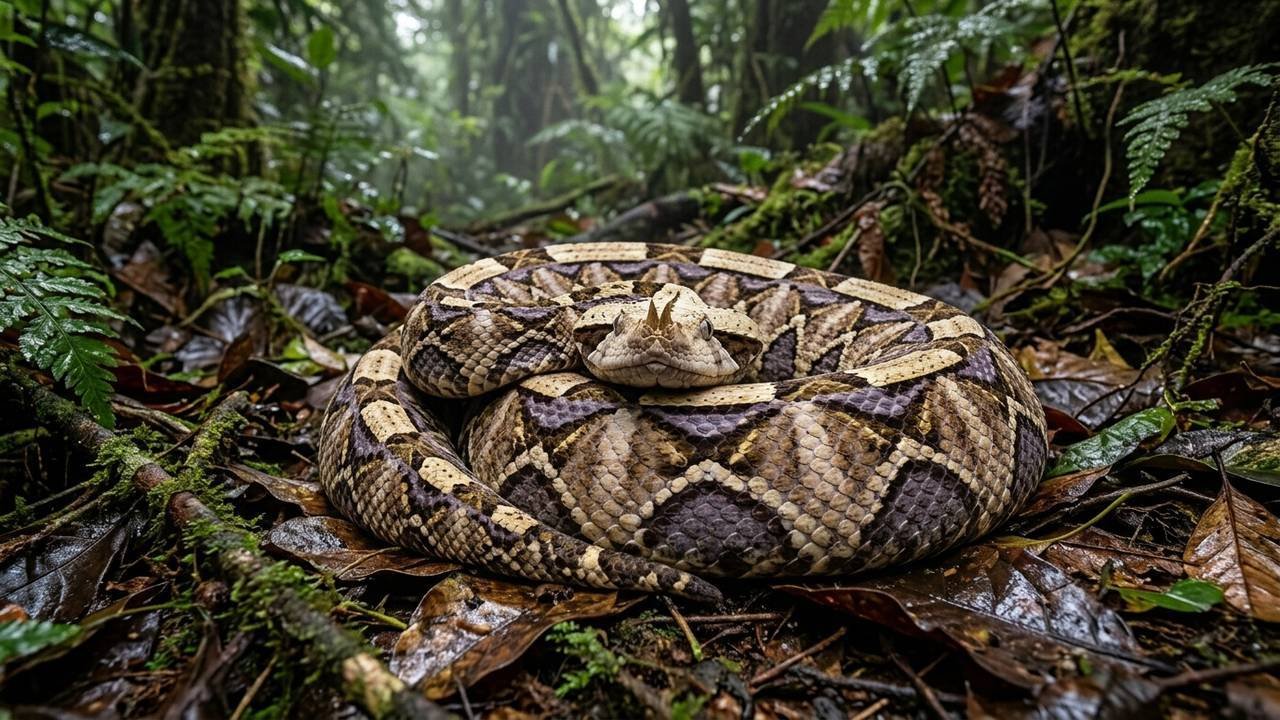 As maiores presas venenosas do reino animal com cinco centímetros e a camuflagem foliar perfeita da perigosa víbora-do-gabão