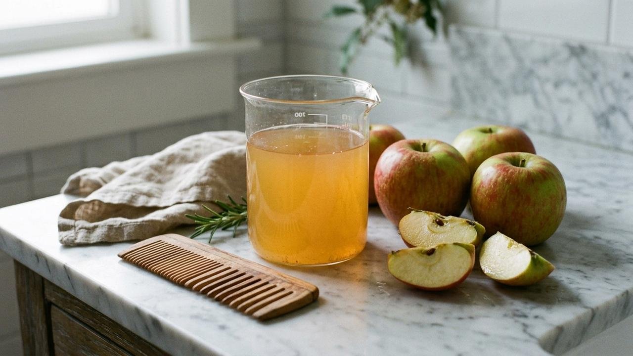 Aplicar vinagre de maçã diluído no couro cabeludo: como a acidez natural equilibra o pH e ajuda a eliminar a casca e a oleosidade dos fios