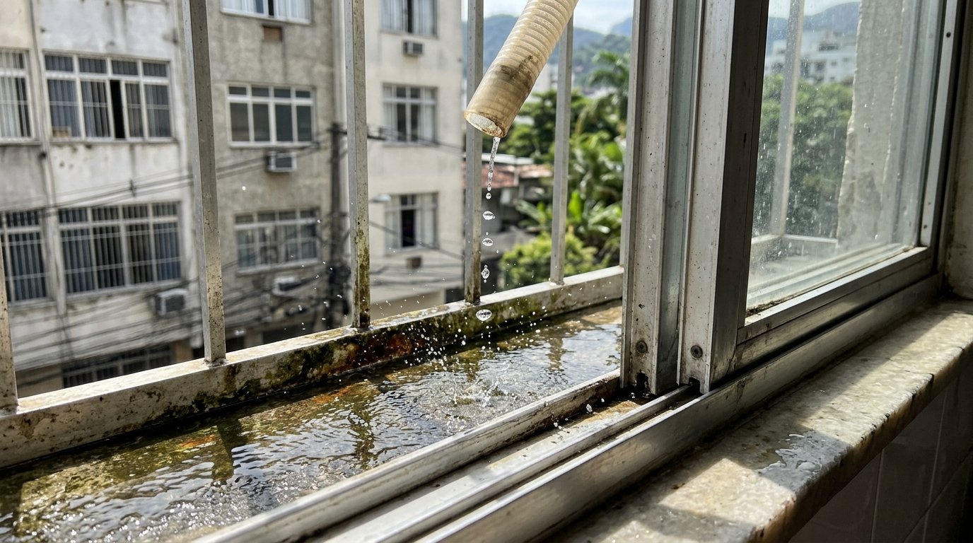 Morador instala ar-condicionado na parede externa do apartamento e semanas depois água do aparelho começa a pingar sobre janela do vizinho; condomínio exige mudança na tubulação, mas proprietário afirma que instalação havia sido autorizada