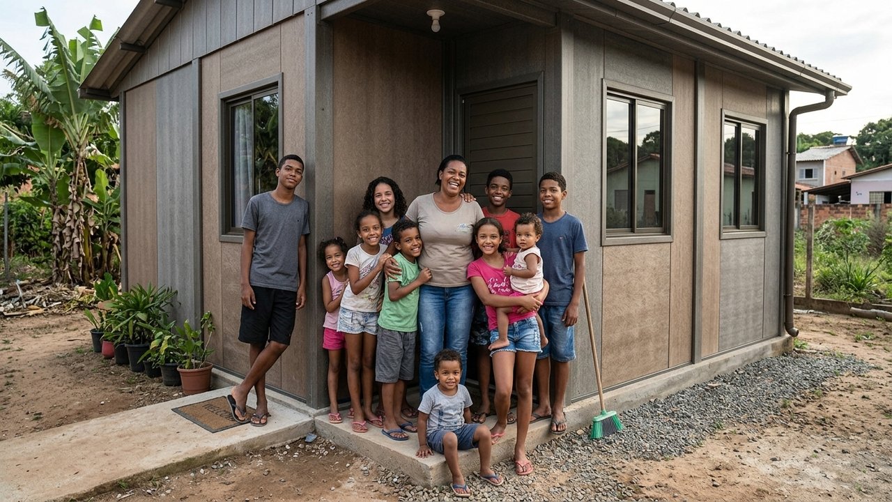 Ela tem 45 anos, é mãe de 9 filhos e recebeu uma casa construída com 2 toneladas de plástico, montada em apenas 15 horas
