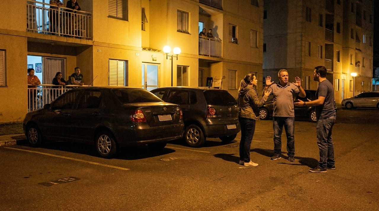 Moradora encontra convidados da vizinha usando sua vaga durante uma festa, bloqueia o carro com o próprio veículo e discussão atravessa a madrugada com síndico no meio do barraco