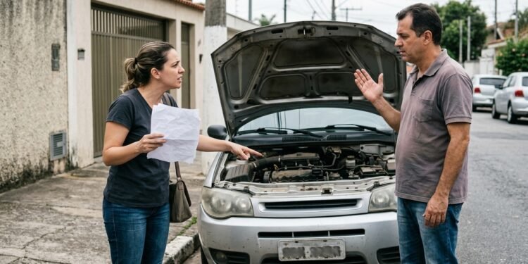 Mulher compra carro usado por R$ 48 mil de um particular e, após duas semanas, descobre um defeito grave no câmbio; o vendedor afirma que não oferece garantia, enquanto ela busca ressarcimento