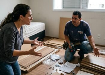 Mulher compra armário de seis portas e montador percebe que versão entregue possui quatro portas e acabamento inferior