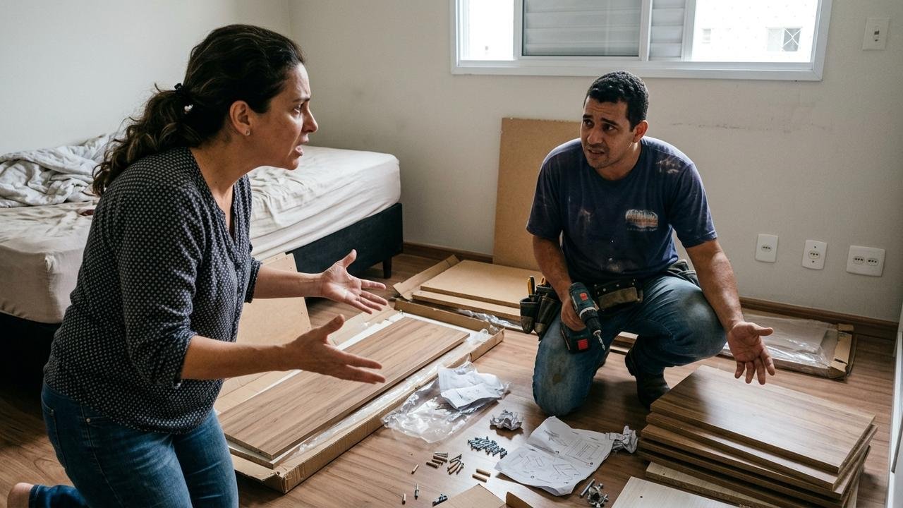 Mulher compra armário de seis portas e montador percebe que versão entregue possui quatro portas e acabamento inferior