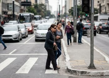 Mulher com deficiência visual precisa da ajuda de desconhecidos para atravessar uma avenida movimentada e descobre que a prefeitura pagou R$ 380 mil por semáforos sonoros que nunca foram ativados; documentos apontam que os equipamentos foram recebidos como funcionando