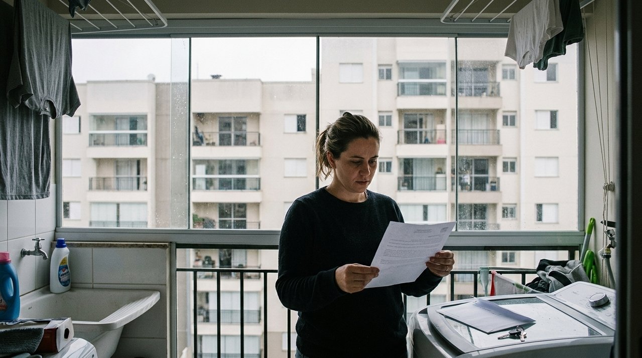 Moradora fecha a área de serviço do apartamento com vidro para evitar a entrada de chuva e, após uma reclamação anônima, recebe notificação do condomínio para desfazer a alteração