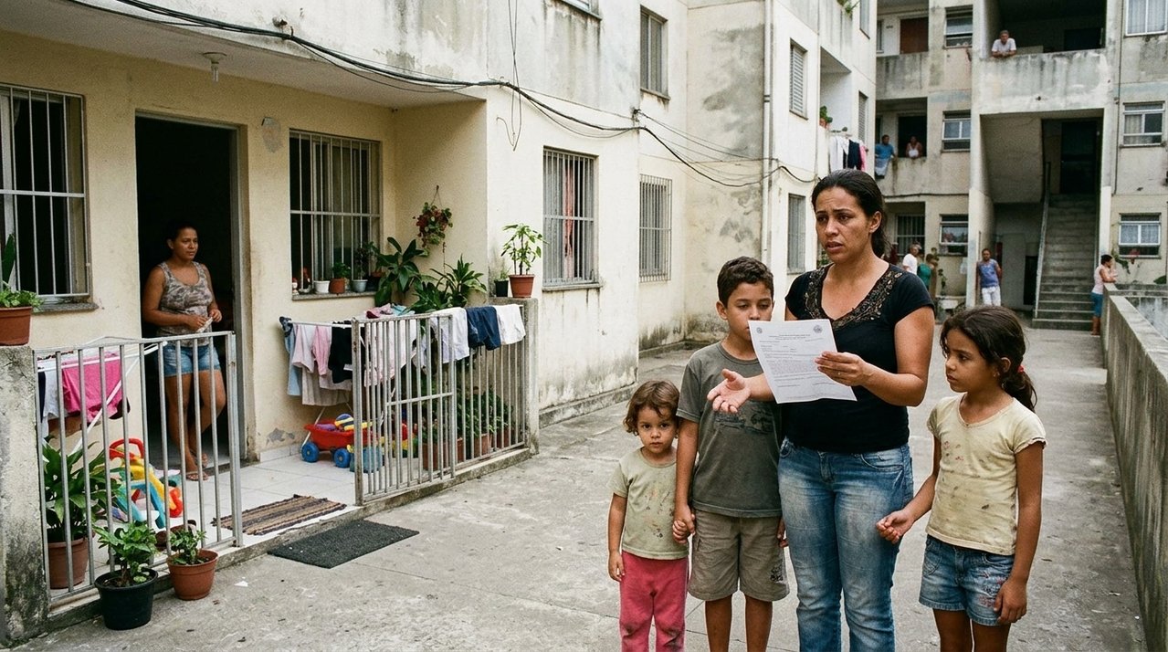 Mãe de três filhos descobre que aparece como beneficiária de uma casa popular entregue há dois anos, mas continua pagando R$ 850 de aluguel e nunca recebeu as chaves; ao procurar o endereço registrado em seu nome, encontra um imóvel ocupado por outra família