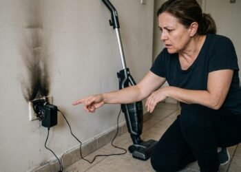 Dona de casa paga R$ 890 em aspirador vertical sem fio, deixa aparelho carregando durante a noite e encontra a tomada derretida pela manhã; assistência técnica atribui o problema à instalação elétrica da residência e recusa substituição