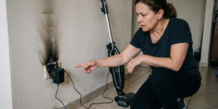 Dona de casa paga R$ 890 em aspirador vertical sem fio, deixa aparelho carregando durante a noite e encontra a tomada derretida pela manhã; assistência técnica atribui o problema à instalação elétrica da residência e recusa substituição