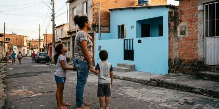 Com a colaboração dos voluntários, a construção avançou até reunir condições para receber a família.  // Imagem ilustrativa gerada por IA para representar a situação descrita no texto; pessoas, locais e elementos visuais não correspondem necessariamente aos reais