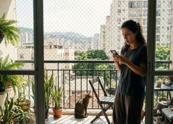 Moradora instala tela para gatos na varanda e condomínio reclama porque modelo preto pode ser visto da rua, embora outros apartamentos também tenham proteção
